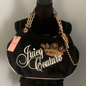 🆕-Juicy Couture Black Velvet Shoulder Bag with Gold Crown & Charms